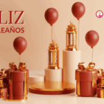 Baloons y regalos para celebración de cumpleaños en tonos dorados y rojos.