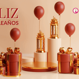 Baloons y regalos para celebración de cumpleaños en tonos dorados y rojos.